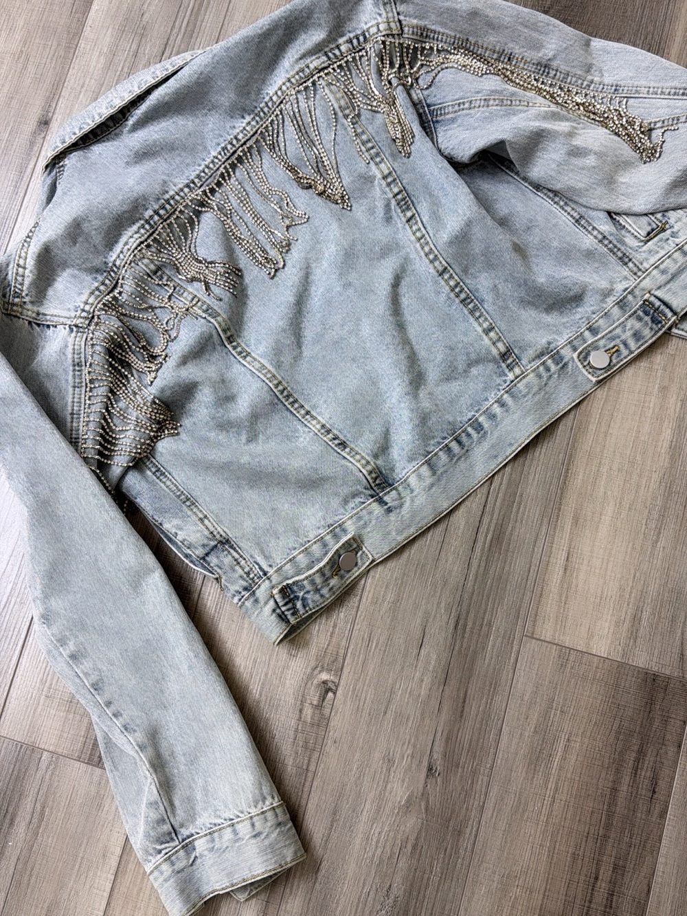 Beaded Fringe Light Wash Denim Jacket